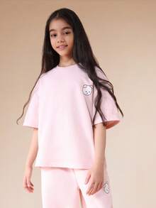 SUMWON Bear Graphic Short Sleeve T-Shirt And Wide Leg Pants Set With Motivational Text Print Casual Co-Ord - Baby Pink - View 5