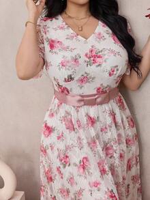 Modelyn Plus Size Lace Print Short Sleeve A-Line Bowknot Dress - Multicolor - View 5