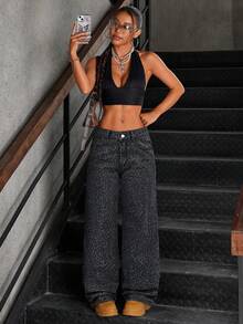 SHEIN Tall 时尚豹纹低腰水洗阔腿女式牛仔裤 - 灰色 - 查看 4