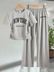 一件式短袖休闲印花春夏少女夏季通勤套装，运动休闲直筒裤，短袖轻便舒适两件套。 - 灰色 - 查看 9