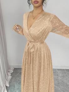 Rafferiza 亮片装饰长袖派对礼服 - 香檳色 - 查看 6