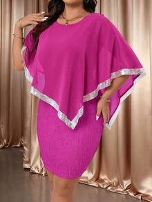 Cravure 大码圆领亮片雪纺拼接串珠缎带披肩罩衫，柔软提花纹理面料，二合一优雅时尚派对礼服 - 玫紅色 - 查看 6