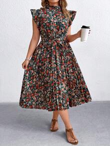 EMERY ROSE 大码女式夏季复古印花立领荷叶袖系带褶皱连衣裙 - 黑色 - 查看 1