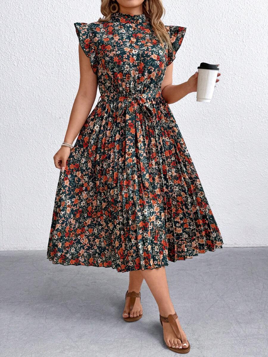 EMERY ROSE 大码女式夏季复古印花立领荷叶袖系带褶皱连衣裙 - 黑色 - 查看 1