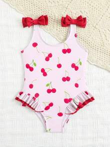 女婴沙滩装，可爱樱桃印花，针织面料，双蝴蝶结肩带，荷叶边裤腿，连体泳衣，时尚休闲优雅女士款，适合游泳、度假、夏季穿着 - 彩色 - 查看 5