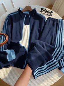 Comfortcana Blaues Ribbon Zweiteiler Set in Große Größen, Lässig und Sportlich - Blau - Übersicht 4