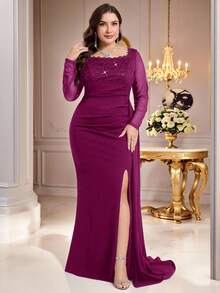 Coutiva 大码女士优雅方领撞色蕾丝荷叶边腰部高开衩下摆正式晚礼服 大码紫色晚礼服 曲线优雅晚礼服 紫色正式长裙 大码正式礼服 女士紫色晚礼服 女士大码礼服 丰满身材紫色连衣裙 - 中紫紅色 - 查看 5