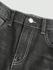 SHEIN Girlism Quần jeans ống loe dáng casual đa năng dành cho bé gái tuổi teen, thêu chữ và có túi. - màu đen - Xem 3