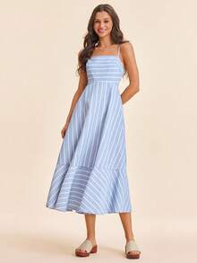 Coeurva 女士休闲浪漫柔软条纹印花无袖连衣裙，春夏款 - 淺藍色 - 查看 7