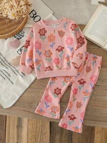SHEIN 2pcs Baby Girl Cute Sweet Fashion Casual Pink All Over Colorful Floral Flower Plant Print Pattern Long Sleeve Round Neck Sweatshirt Pullover Tops And Elastic Waist Flared Pants Bell Bottoms Leggings Two Pieces Outfit Sets Soft Clothes For Daily Wear School Park Play Spring Fall Autumn Winter - Pink - View 1