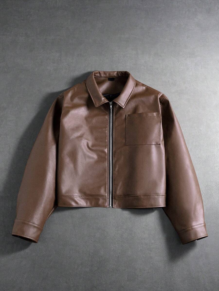 PAVTROS Manfinity Streetrush 男士街头风流行 INS 同款时尚休闲拉链口袋 PU 皮革长袖夹克，街头服饰，我爱我的男朋友，PU 夹克，INS 穿搭，男士摩卡色飞行员夹克，男士棕色夹克，男士短款夹克，男士棕色皮夹克 - 紅色 - 查看 1