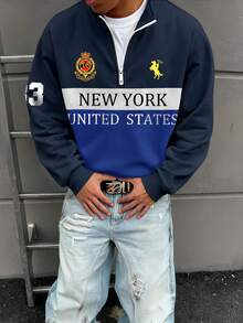 Aesthetic Post 复古美式风格，蓝黑撞色，Polo字母和徽章，马匹标志印花男士秋冬通勤半拉链套头衫 - 彩色 - 查看 5