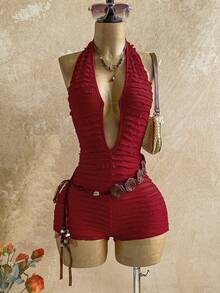 Soleia Bộ đồ liền thân hở lưng cổ chữ V sâu họa tiết da báo gợi cảm dành cho nữ, dáng ôm, thích hợp cho tiệc tùng, Giáng sinh, đêm hẹn hò, hộp đêm, bãi biển, du ngoạn, trà chiều, phong cách Bohemian, kỳ nghỉ, mùa thu - Đỏ - Xem 3