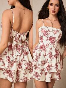 Poéselle 女士碎花系带露背吊带连体衣 - 紅色 - 查看 2