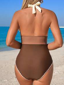 Swim Lushoire 女士连体泳衣，挂脖系带，撞色荷叶边装饰，露背设计，修身剪裁，时尚休闲泳装，适合春、夏、秋、冬四季穿着。 - 彩色 - 查看 2