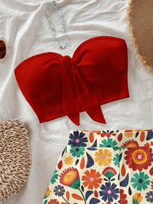 Soleia Casual Minimalist Colorful Floral Geometric All-Over Print Pants Matching Deep Red Bandeau Top 2-Piece Set, Suitable For Spring/Summer Vacation Spring - Multicolor - View 4