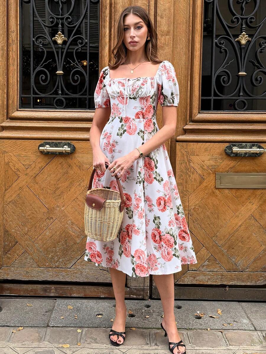 Pariaura 女士碎花印花休闲中长连衣裙，系带领口，泡泡短袖 - 淺粉色 - 查看 1