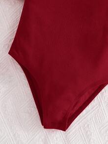 SHEIN Jumpsuit Anak Perempuan Warna Polos dengan Kerah dan Lengan Mengembang, Anak-anak - Burgundy - View 5