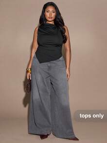 SHEIN BAE Plus Size Women's Black Asymmetrical Shoulder Irregular Hem Sleeveless T-Shirt,Elegant,Formal,Autumn Evening Night Party,Casual Versatile Solid Top - Multicolor - View 4