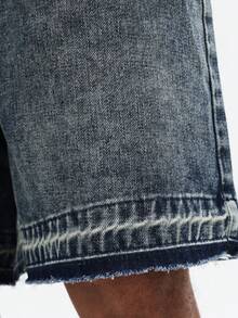 SUMWON Distressed Medium Wash Denim Shorts With Raw Hem Detail And Five Pocket Design For Casual Summer Style - Blue - View 6