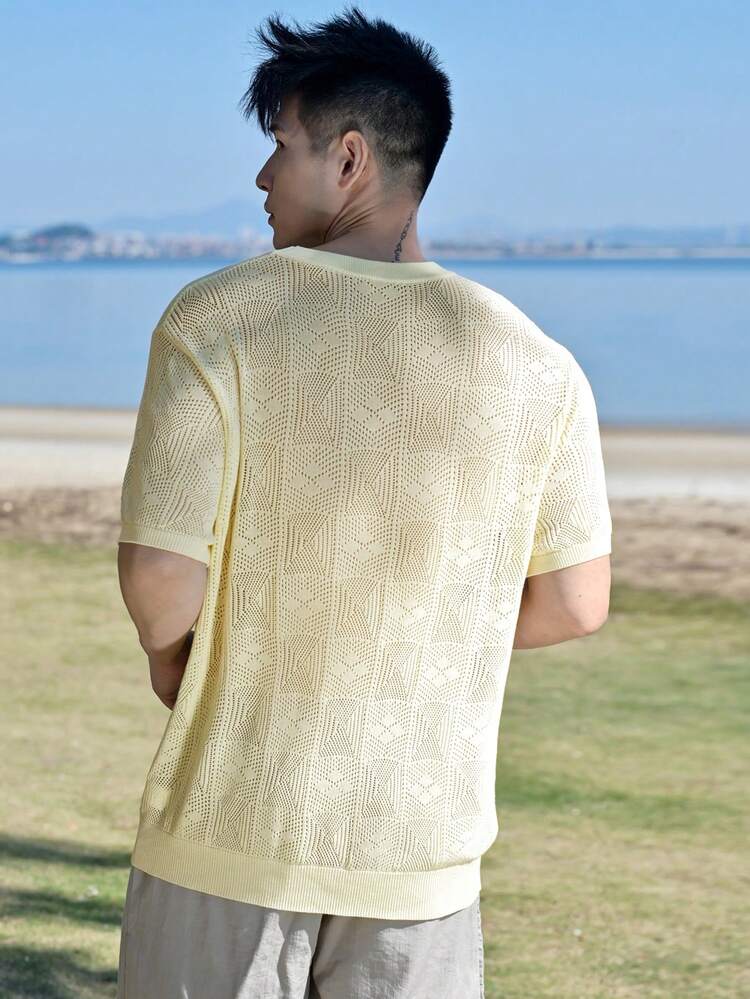 Men's Solid Beige Textured Fabric Breathable Hollow-Out T-Shirt, Summer