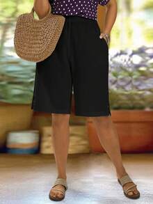 EMERY ROSE 大码女士休闲百慕大短裤，街头风及膝自然白，带口袋，柔软舒适，略带弹性，适合休闲穿着、音乐节、波西米亚风/夏季/春季/度假。 - 黑色 - 查看 3