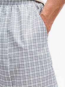 SUMWON Quần short Bermuda dáng rộng, kẻ caro, cạp chun và túi bên hông, thích hợp mặc thường ngày vào mùa hè. - Xám - Xem 5
