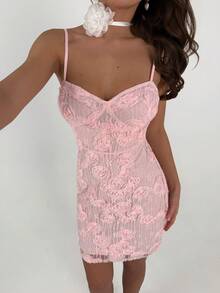 RiviMae 女士无肩带吊带连衣裙，蕾丝立体花朵紧身收腰提臀连衣裙，情人节风格，浪漫情人节，时尚优雅，适合日常穿着、婚礼、宴会、通勤、毕业派对、节日活动、度假、约会、派对、万圣节、圣诞节、新年和感恩节等场合。 - 粉色 - 查看 3