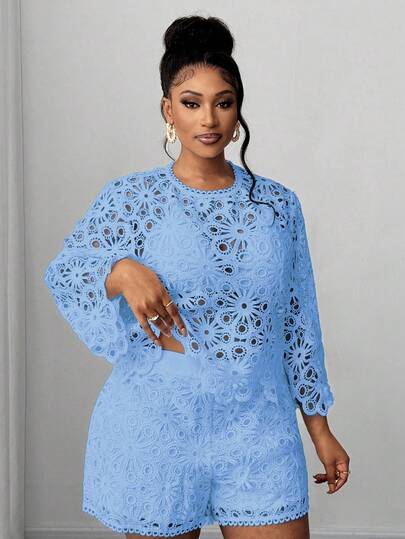 Maweii Plus Size Solid Color Hollow Out Fashion Long Sleeve Shirt