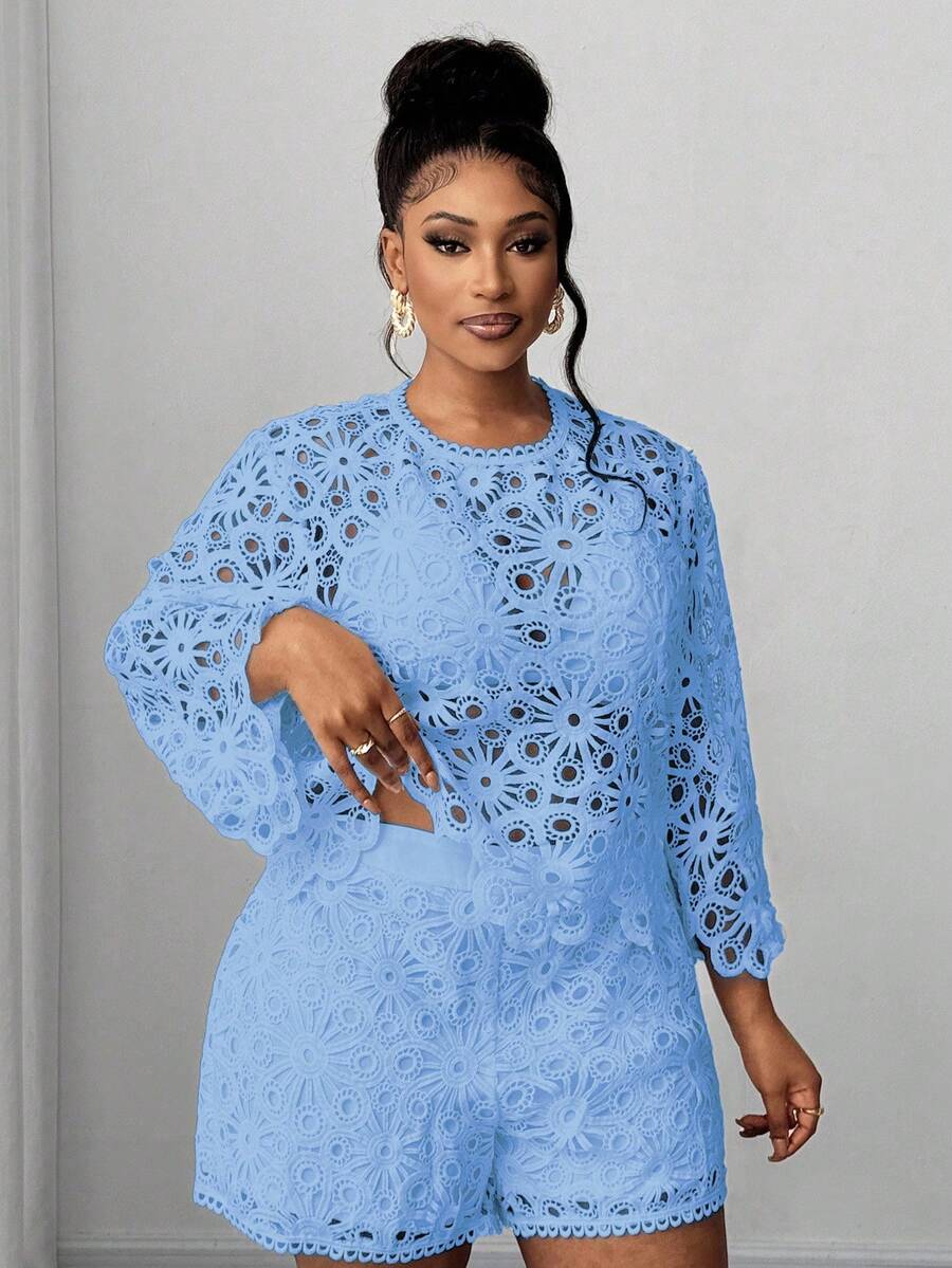 Maweii Plus Size Solid Color Hollow Out Fashion Long Sleeve Shirt - Baby Blue - View 1