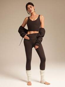 GLOWMODE FeatherFit™-Ribbed Fresh Start Buttery-Soft Stretchy Bonding Flattering Seam Crop Tank Top Bra Low Impact Yoga Studio Gym Daily Casual Wear Removable Cups - Brown - View 7