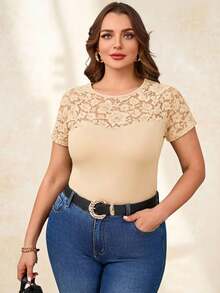 Reflora Plus Size Elegant Round Neck Contrast Lace T-Shirt - Apricot - View 6