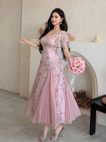 DAZY Vestido midi elegante de mujer con cuello en V, manga corta, bordado, plisado y volante en el bajo, vestido de invitada de boda, vestido de verano - Rosa Pálido - Ver 4