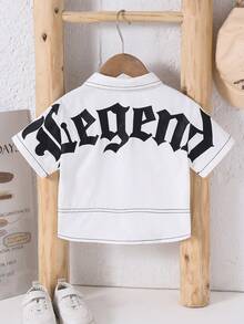 SHEIN Baby Boy Girl Summer Casual White Short Sleeve Woven Shirt,City Break Letter Print Workwear Style Versatile Comfortable Top For Daily Party Holiday - White - View 4