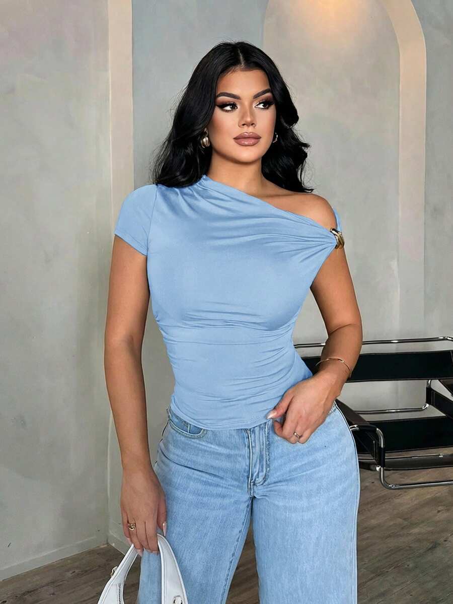 SHEIN SXY 女士性感优雅简约不对称单肩露肩上衣，夏季休闲百搭衬衫 - 藍色 - 查看 1