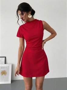 Firerie Women's Elegant Asymmetric Pleated A-Line Mini Dress, Suitable For Daily, Wedding, Party, Music Festival, Vacation - Red - View 4