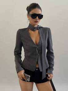 DAZY V-Neck Striped Waist Cinched Elegant Office Lady Shirt - Grey - View 3