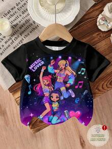 4-7 Years Old Girls Cartoon Short Sleeve T-Shirt | Printed Design, Colorful Girl Pattern Print, Suitable For Casual Streetwear Style, Ideal Children's Gift, Suitable For Outdoor Use, Knitted Fabric - Multicolor - View 2