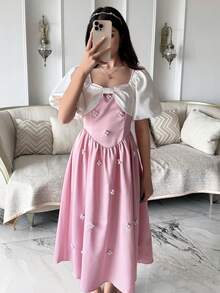 SHEIN 青少年女孩時尚優雅撞色短袖緞面洋裝，粉色公主洋裝，夏季泡泡袖派對洋裝 - 淺粉色 - 查看 7