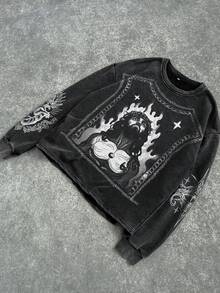 Manfinity EMRG Áo nỉ nam cổ tròn in hình Chúa Jesus, phong cách vintage thường ngày, thời trang đường phố, chất liệu vải mài, thích hợp cho mùa xuân/thu. - màu đen - Xem 4