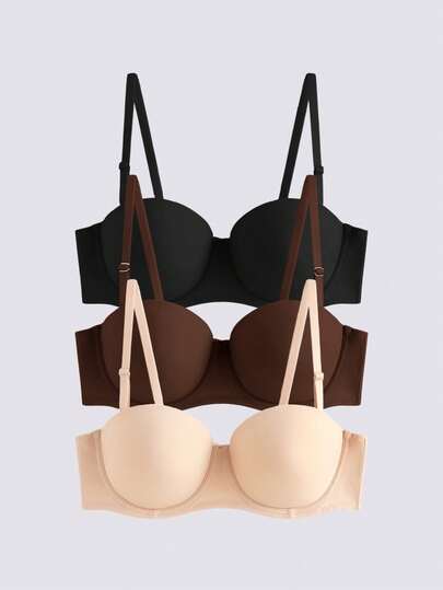 Loungeista 3件装纯色文胸，舒适提拉支撑，钢圈设计，可拆卸肩带，百搭款式，适合约会、度假、日常穿着、婚礼、正式场合、露肩连衣裙等场合。[适合B罩杯及以上]