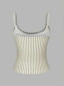 INAWLY White Striped Printed Scoop Neck Fitted Casual/Vacation Sexy Tank Top For Women - Beige - View 2