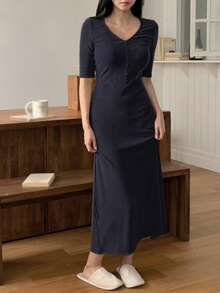 DAZY Đầm dài ôm sát dệt kim tối giản, đồ mặc nhà mùa thu/đông dành cho nữ. - Màu xanh hải quân - Xem 3