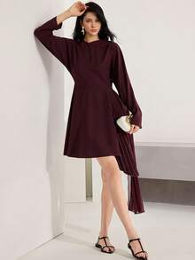 Heiryn 优雅褶裥领通勤连衣裙（女士款） - 咖啡 - 查看 4