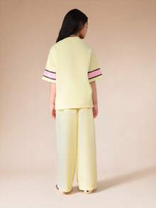 SUMWON Milano Athletic League Oversized T-Shirt And Wide Leg Pants Two Piece Co-Ord Set With Stripe Detail Casual Vacation - Apricot - View 2