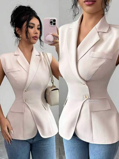 Elenzga Women's Spring/Summer New Minimalist Commuter Style, Urban Professional, Independence Day, Valentine's Day, New Year Party, Tailored Waist, Business Office, Daily Wear, Light Apricot Casual Blazer