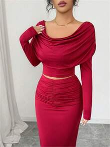 Elenzga Damen elegantes gestricktes Set mit Rüschenkragen Langarm Top + Rüschensaum Rock, geeignet für Bankette und Partys, Herbst/Winter - Bordeaux - Übersicht 5