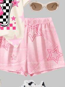 2pcs Tween Girls Casual Graphic Tee & Shorts Set, 67 Sports Number, Leopard, Checkerboard, Star Print, Relaxed Fit Short Sleeve Outfit For Spring/Summer Daily, Home, Sports, Street, Chill Chill, POV - Multicolor - View 5