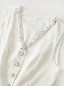 Franclia 珍珠饰边无袖背心，单排珍珠纽扣，优雅修身，通勤休闲两相宜。 - 白色 - 查看 5