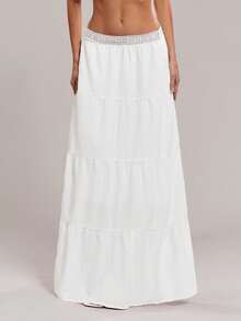 SHEIN ICON Women's Vacation Waist Contrast Lace Ruffled Hem Fashionable A-Line Skirt - White - View 8